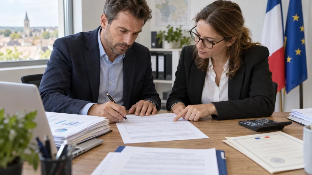 Dirigeant et comptable complétant une déclaration DC2