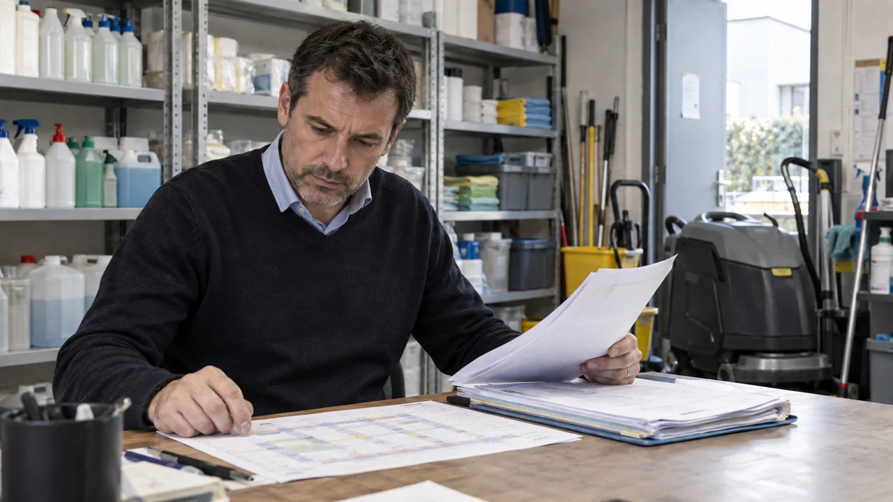 Dirigeant d'une entreprise de propreté étudiant un marché public