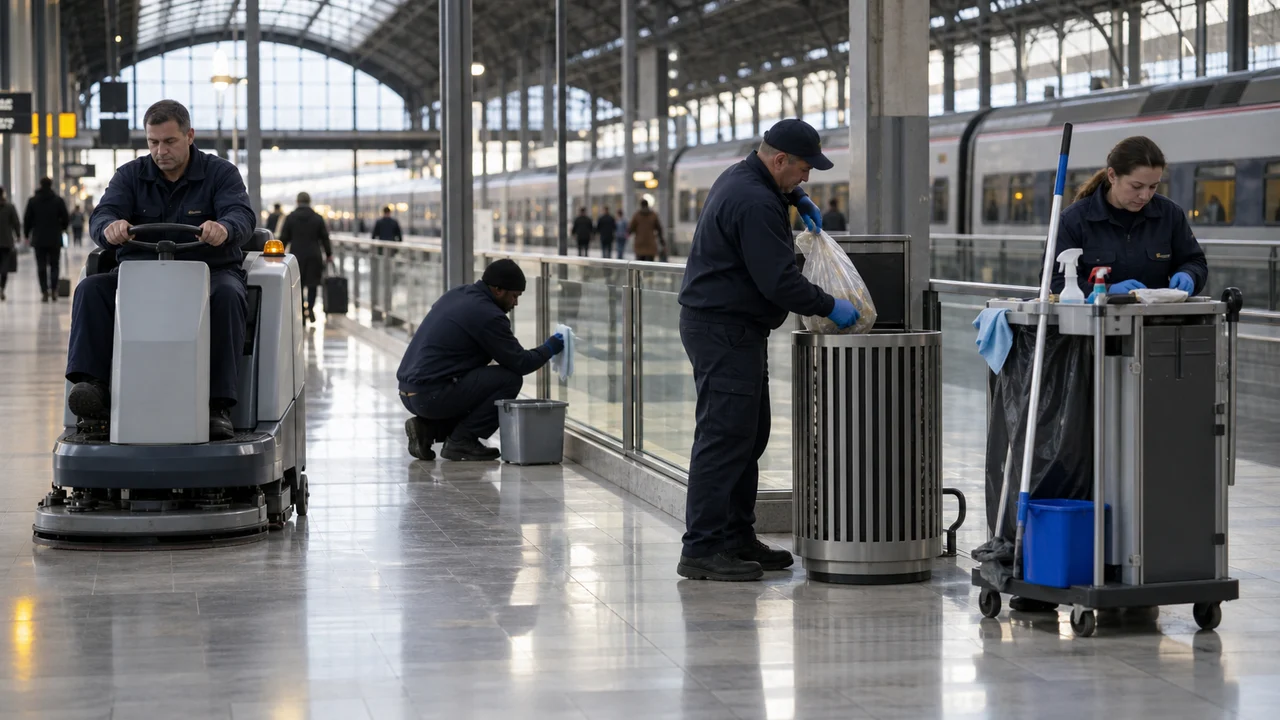 Agents réalisant différentes prestations de nettoyage dans une gare