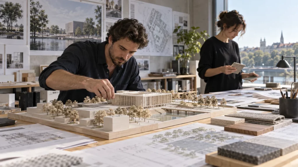 Architecte préparant un concours pour un bâtiment public