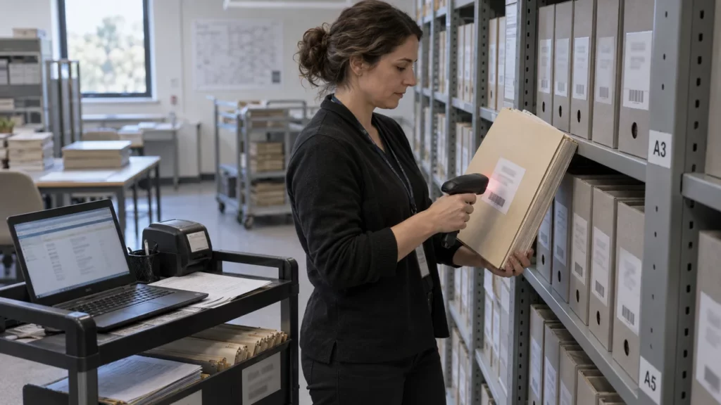 Archiviste assurant la traçabilité d'un dossier de marché public