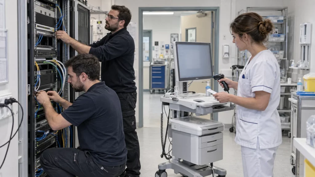 Techniciens installant un équipement informatique hospitalier