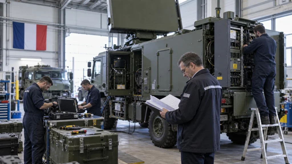 Techniciens contrôlant un équipement de communication de défense