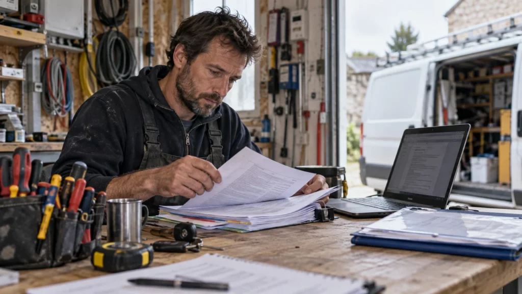 Auto-entrepreneur étudiant un appel d’offres dans son atelier