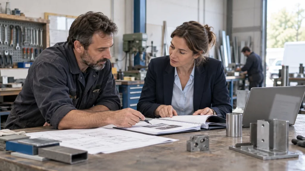 Dirigeant de PME préparant une offre avec un expert en marchés publics