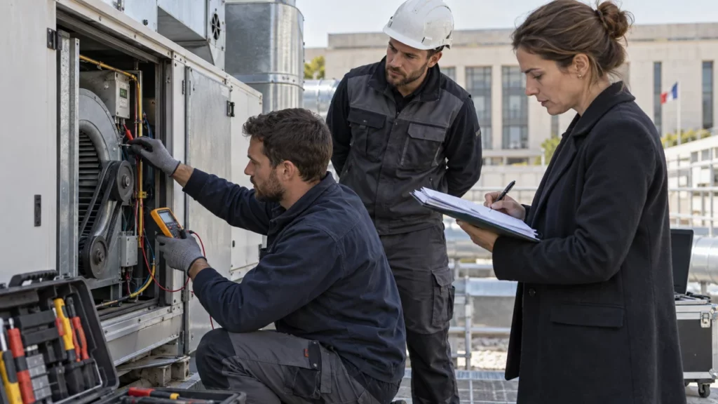 Techniciens démontrant les moyens engagés pour une opération de maintenance