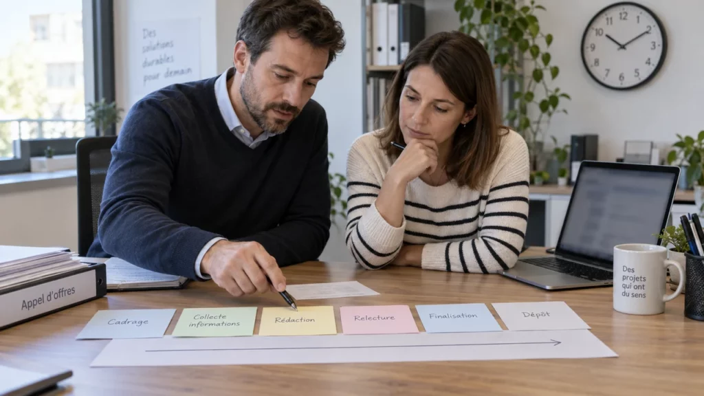Équipe planifiant le délai de préparation et de dépôt d’une offre