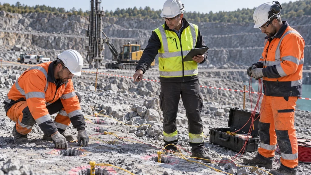 Équipe préparant une zone de travaux à l’explosif en sécurité