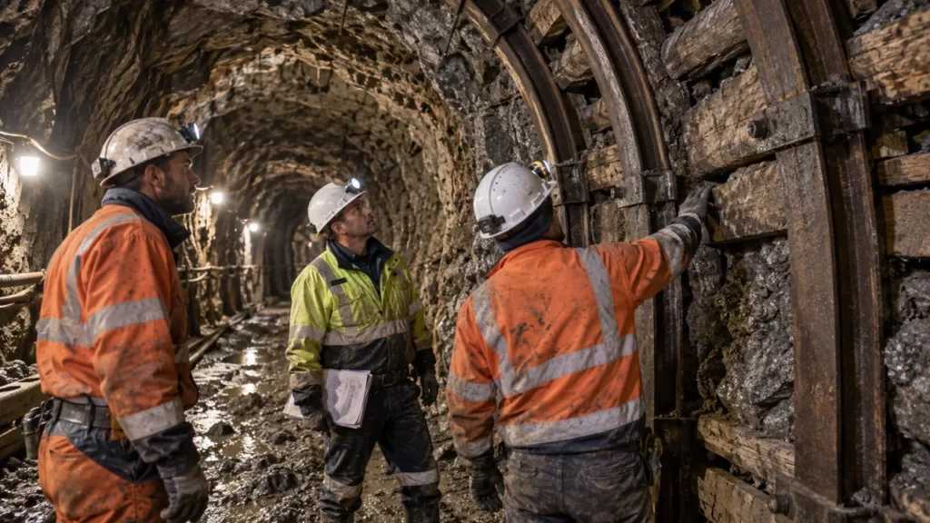 Ouvriers inspectant le soutènement de travaux souterrains traditionnels