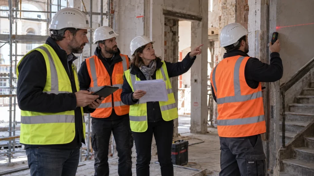Prise de mesures lors d’une visite obligatoire de chantier