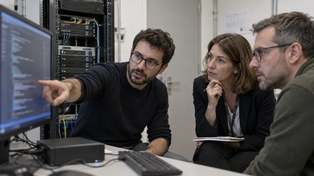 Équipe informatique déployant un logiciel libre pour un acheteur public