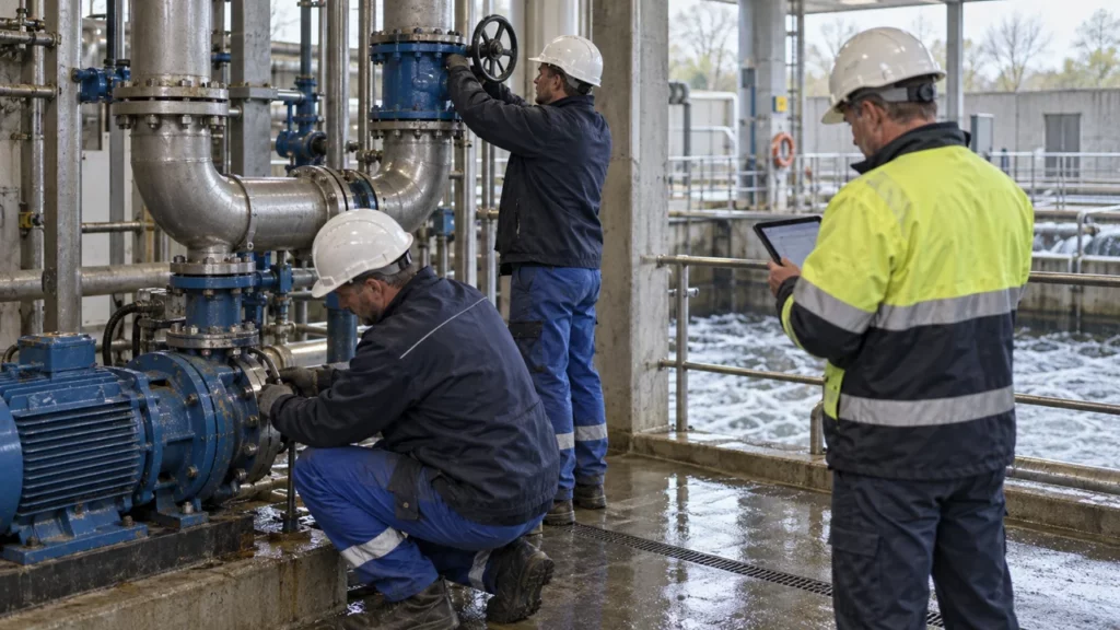 Techniciens inspectant une installation de traitement de l’eau