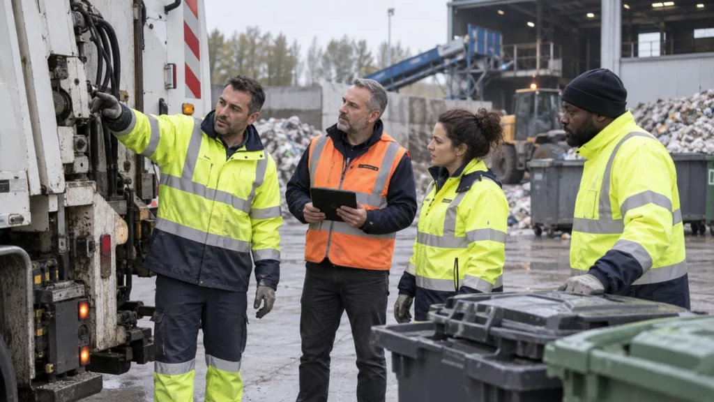 Équipe inspectant une installation de collecte et traitement des déchets