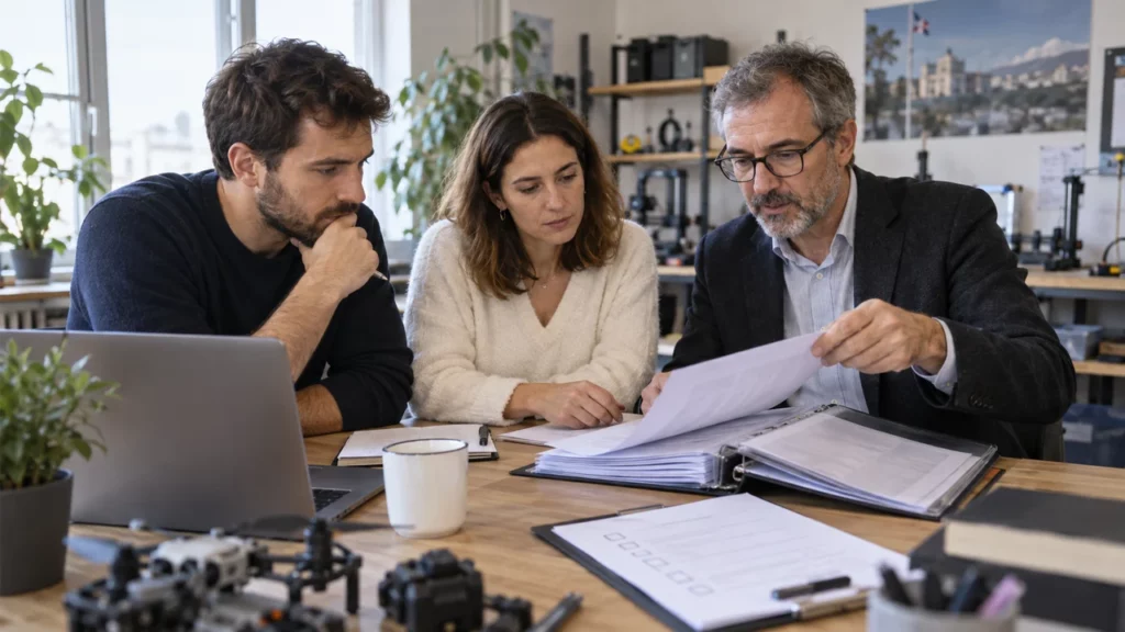 Équipe de startup préparant les critères de sélection d’un marché public