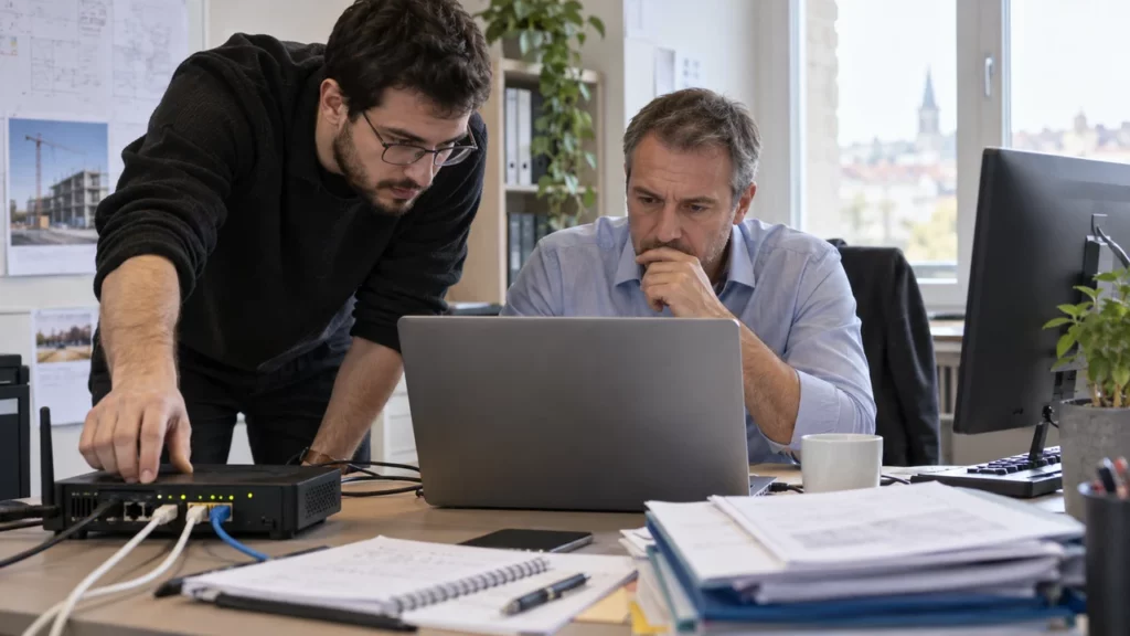 Équipe résolvant un problème technique pendant un dépôt électronique