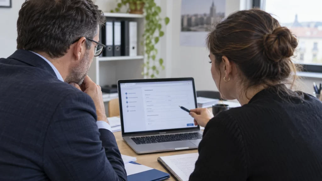Dirigeant remplissant le DUME en ligne avec une conseillère