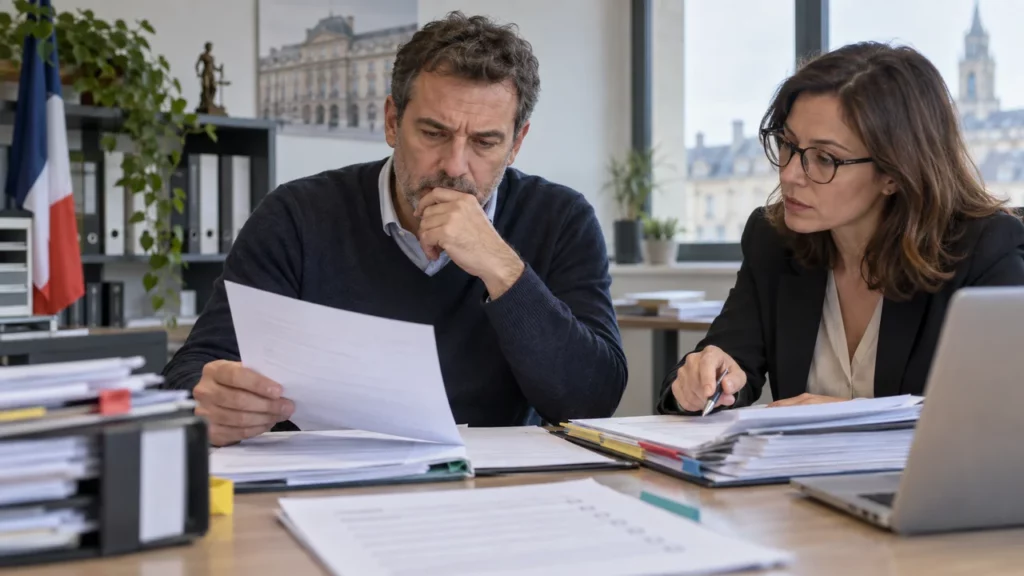 Dirigeant de PME examinant les conditions d’exclusion avec une juriste