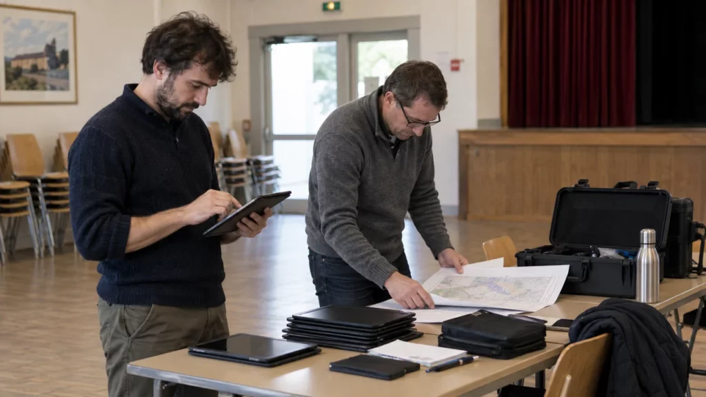 Chargés d’études préparant le matériel d’une enquête publique