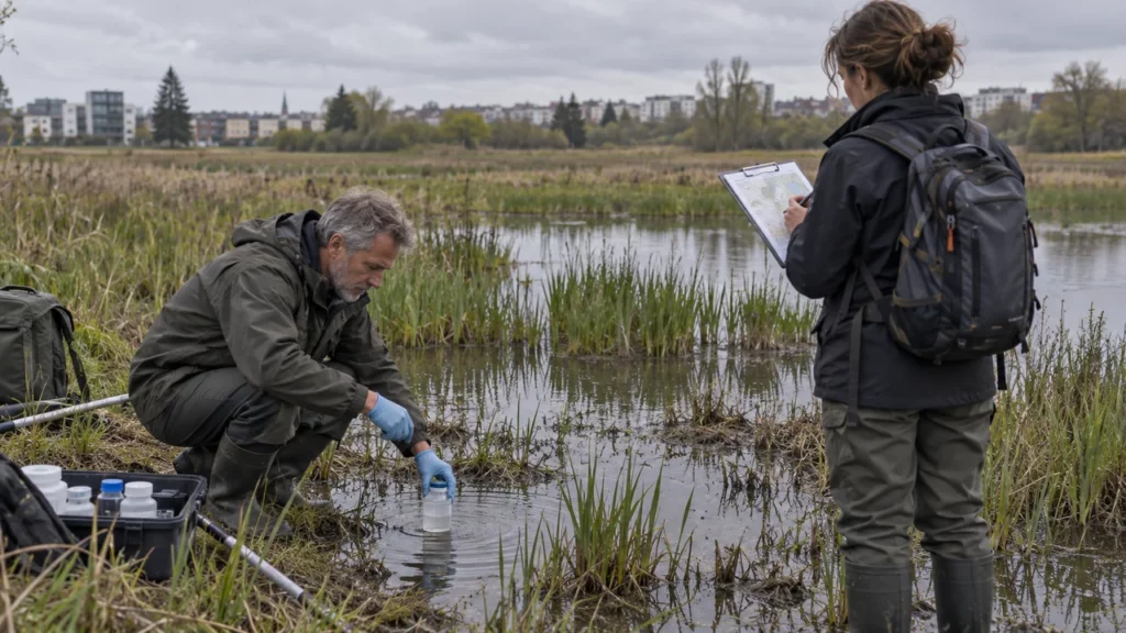 Équipe réalisant un diagnostic environnemental de terrain