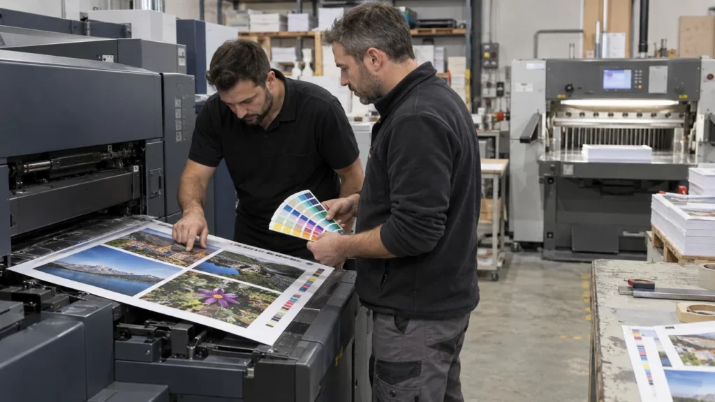 Opérateurs contrôlant un tirage dans un atelier d’impression