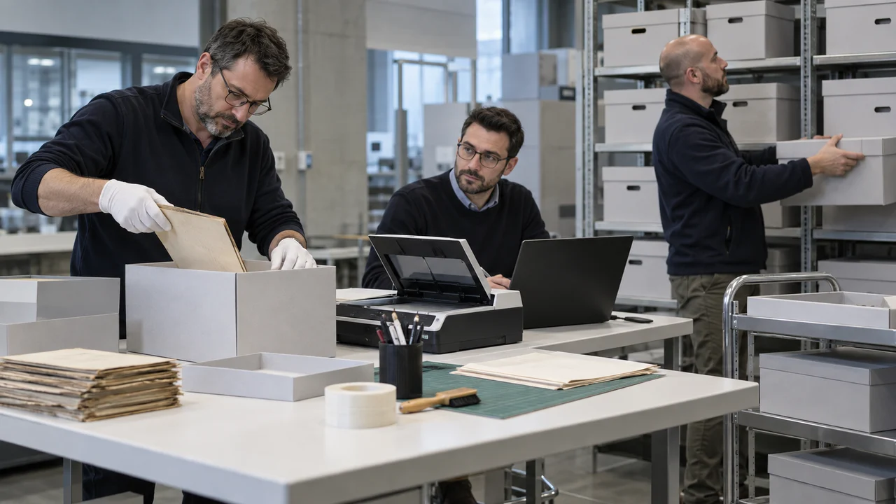 Équipe organisant le processus de traitement d’archives