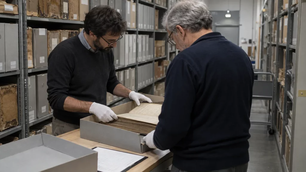 Archivistes examinant un registre dans un dépôt public
