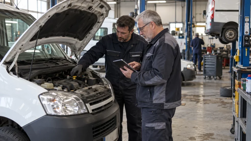 Mécaniciens contrôlant un véhicule d’un parc automobile public