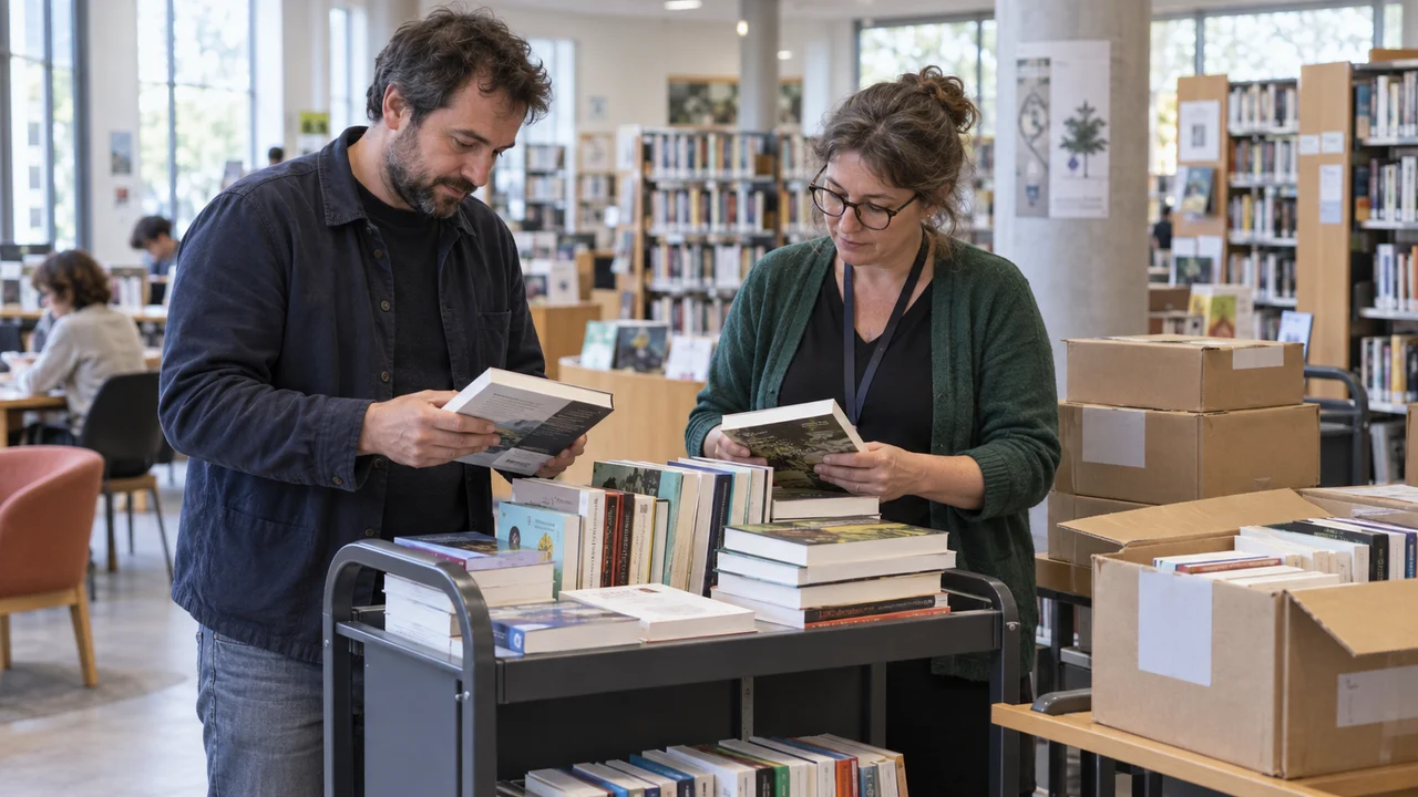 Libraire et bibliothécaire contrôlant une livraison de livres