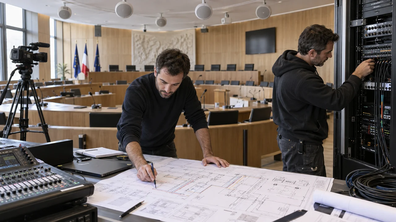 Techniciens analysant le cahier des charges d’une installation audiovisuelle
