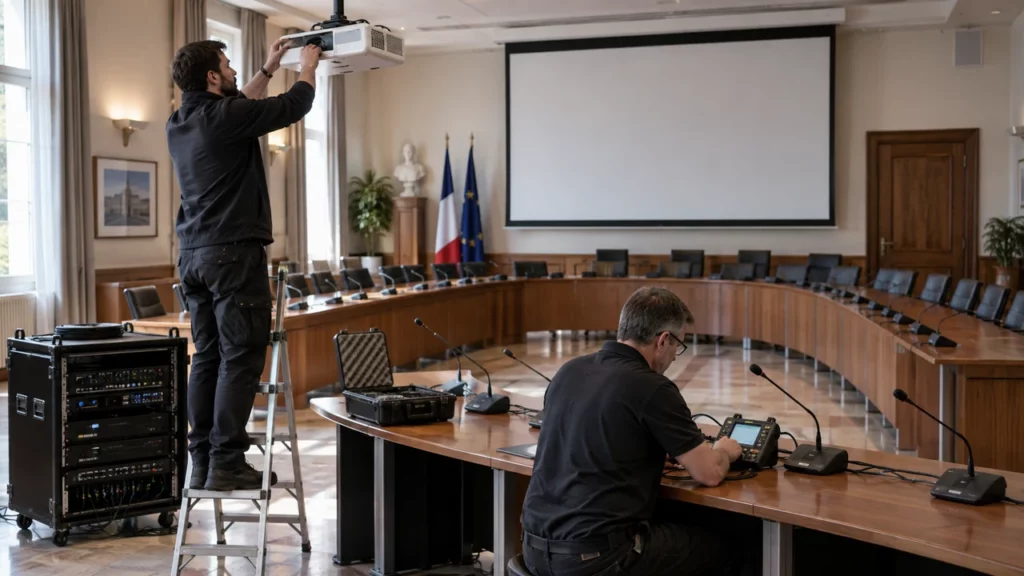 Techniciens réglant les équipements audiovisuels d’une salle du conseil