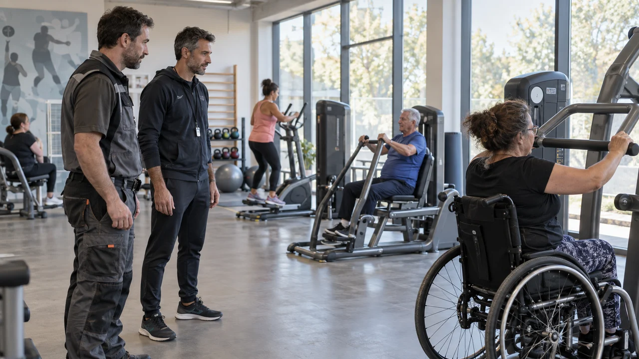 Équipements sportifs accessibles utilisés dans une salle collective
