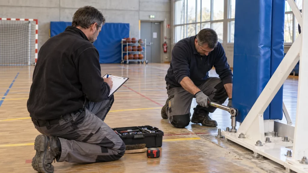 Techniciens contrôlant la sécurité d’un équipement sportif municipal