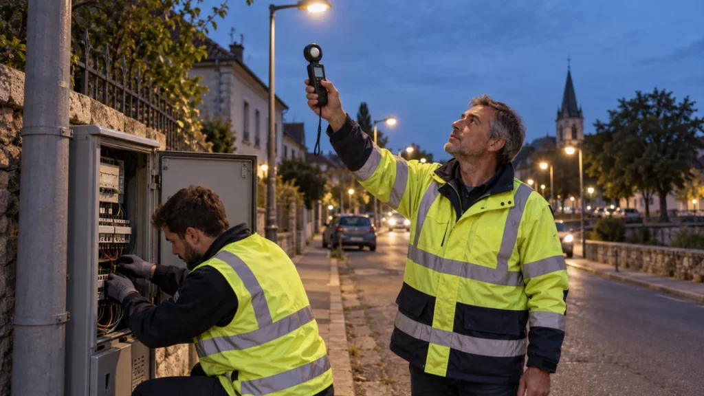 Technicienne mesurant l’éclairement d’une installation publique au crépuscule