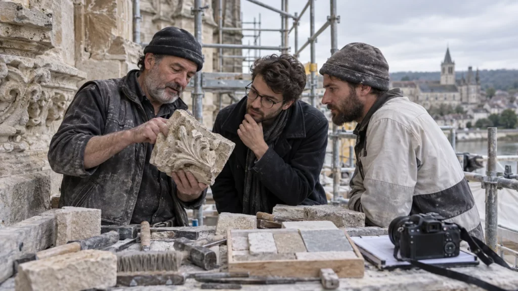 Artisane et chargé de conservation examinant un élément de patrimoine local