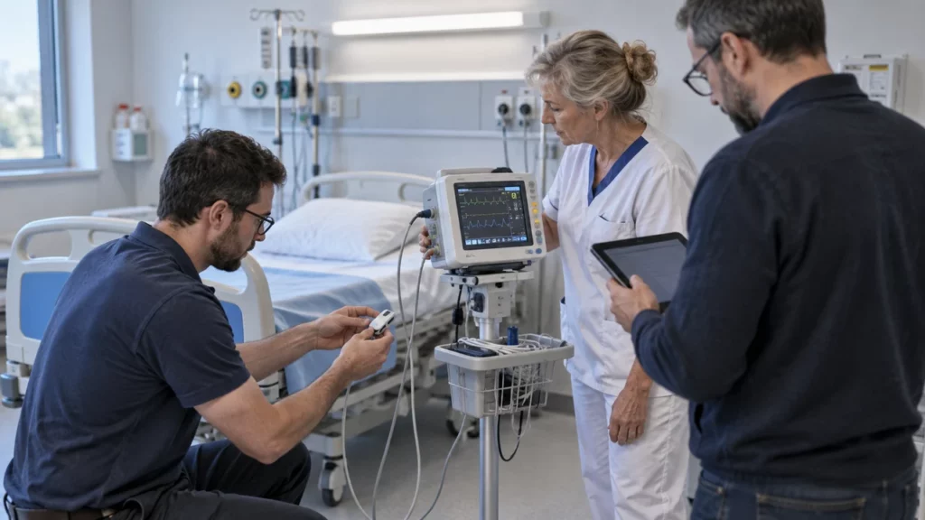 Soignante et ingénieur testant un dispositif de santé connecté