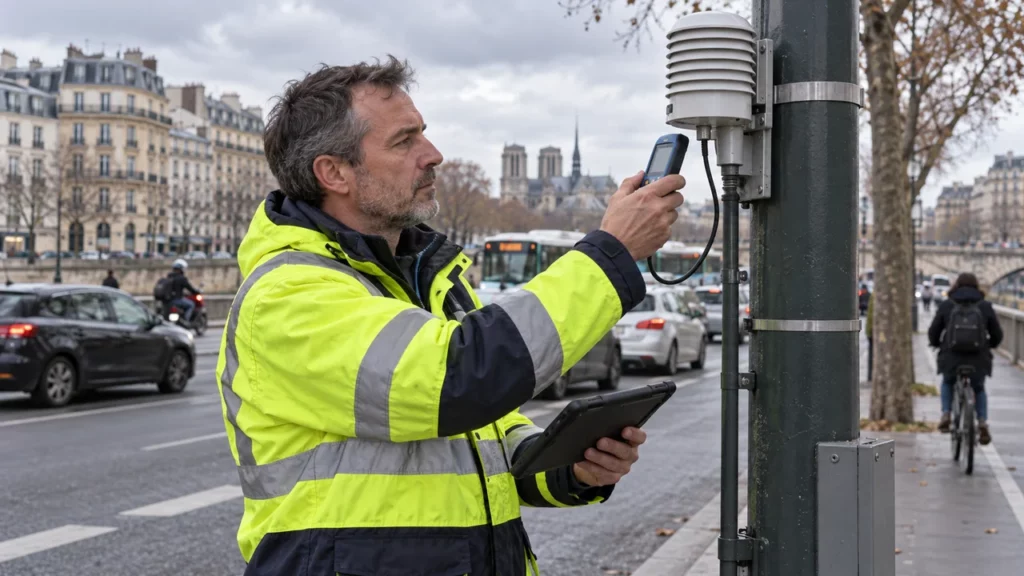 Technicienne calibrant un capteur de monitoring urbain sur le terrain