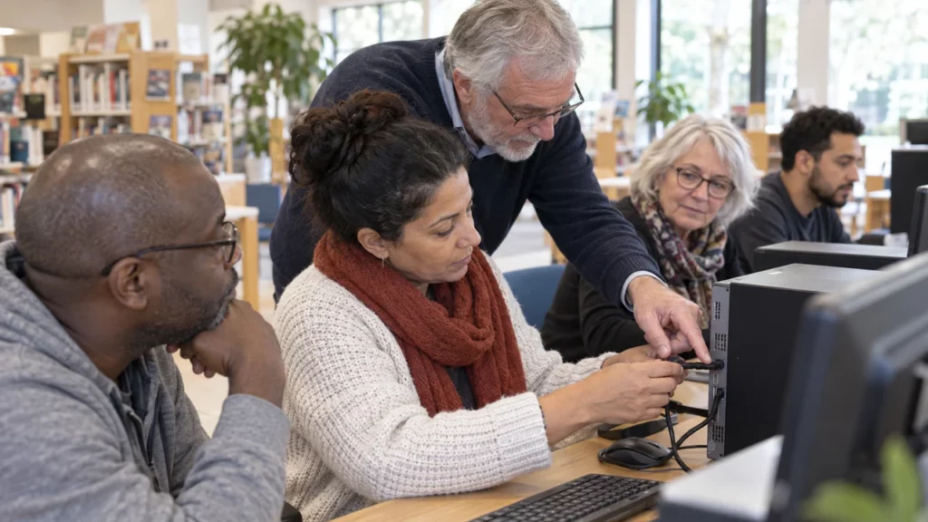 Formateur senior animant un atelier numérique dans un lieu public