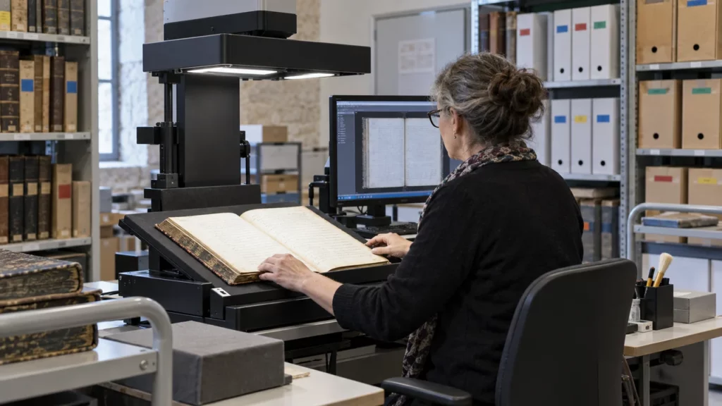 Archiviste numérisant un registre administratif dans une collectivité
