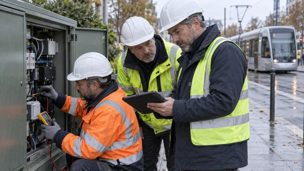 Technicienne et responsable municipal contrôlant une infrastructure intelligente