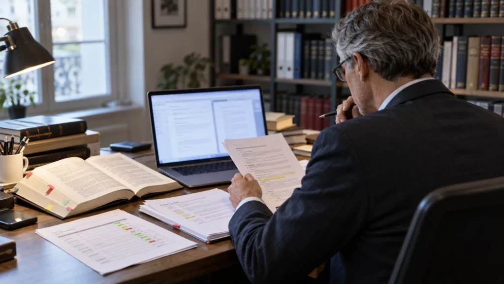 Juriste vérifiant la responsabilité liée à une clause produite avec une IA