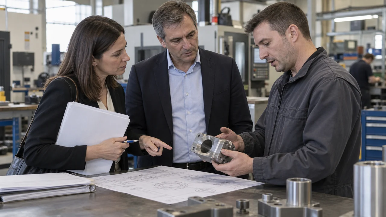 Acheteuse publique échangeant avec les responsables d’une PME industrielle autour d’une pièce technique