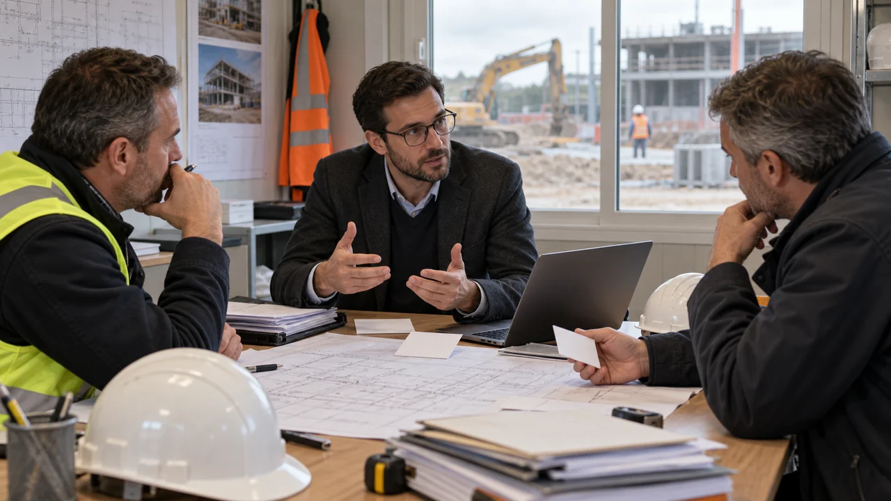 Expert répondant aux questions de dirigeants de PME sur un chantier