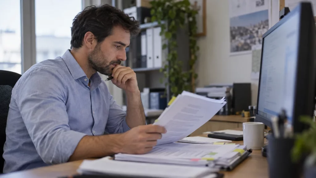 Responsable appels d’offres vérifiant une analyse de dossier assistée par IA