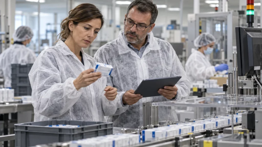 Acheteuse et dirigeant de PME vérifiant la qualité d’un lot pour le RESAH