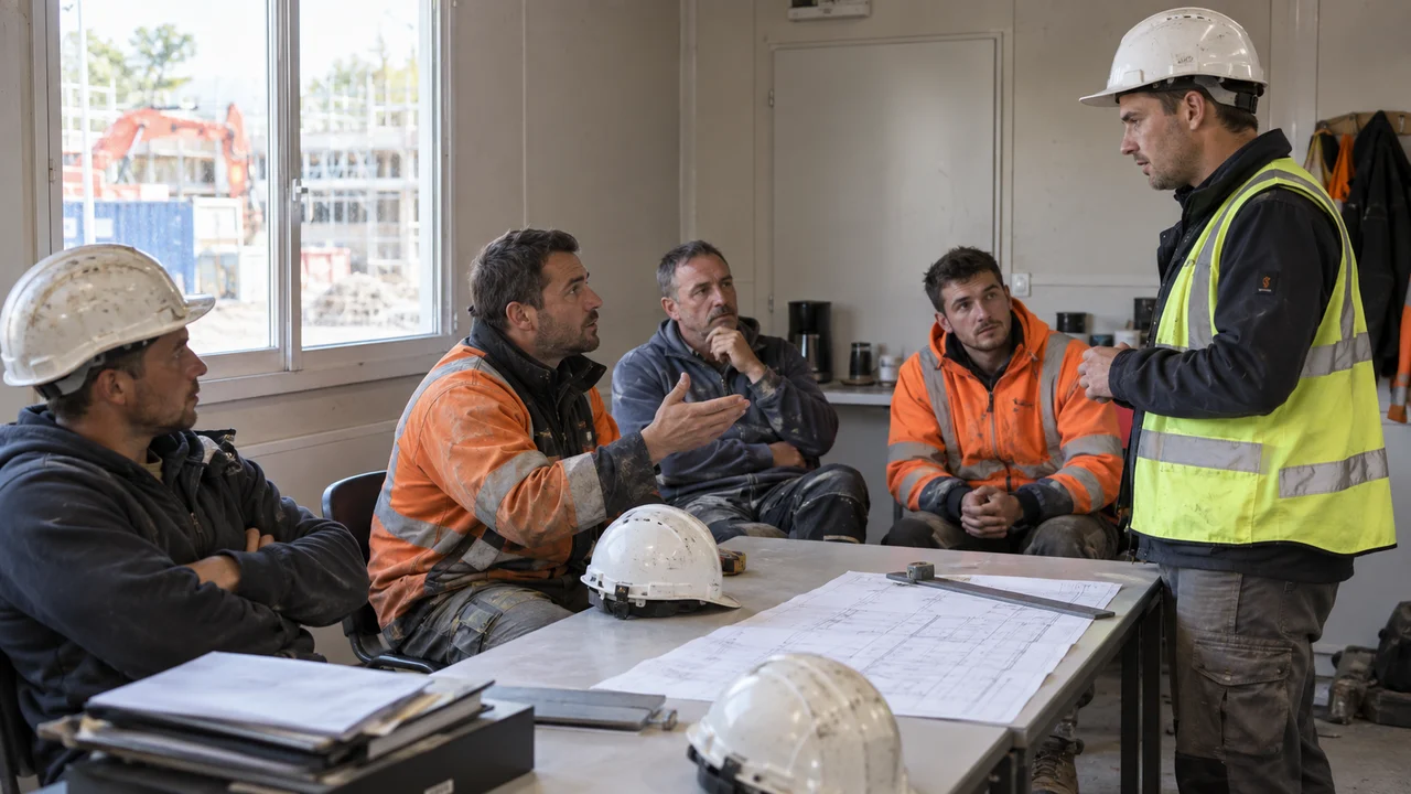 Préventeur répondant aux questions d'une équipe de chantier