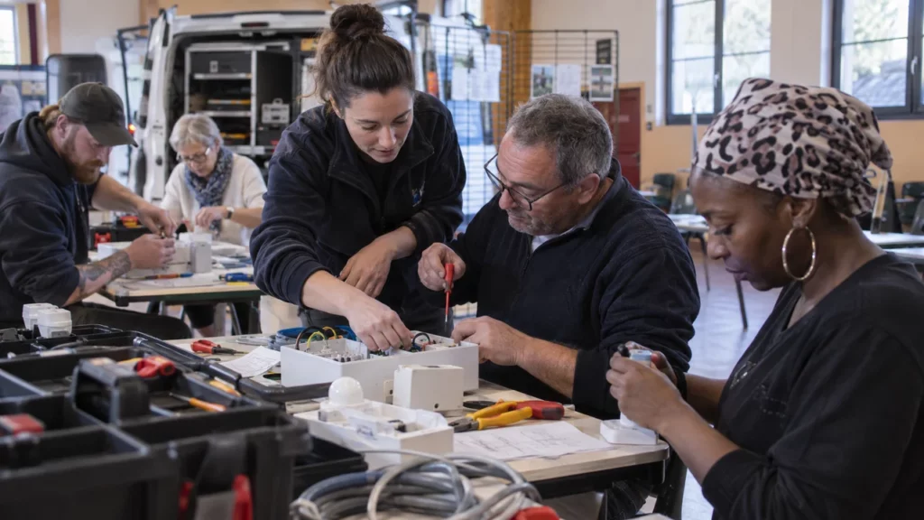 Groupe intergénérationnel participant à une formation technique publique
