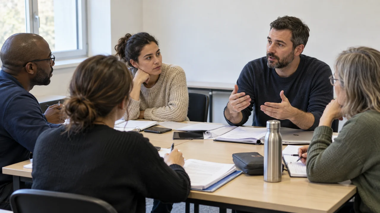Formateur répondant aux questions d’un groupe d’apprenants adultes