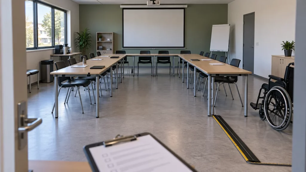 Salle de formation publique préparée avec un accès adapté