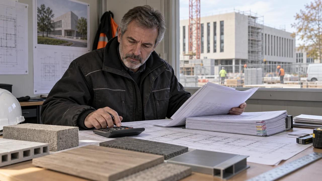 Métreur évaluant un DPGF à partir des plans et matériaux