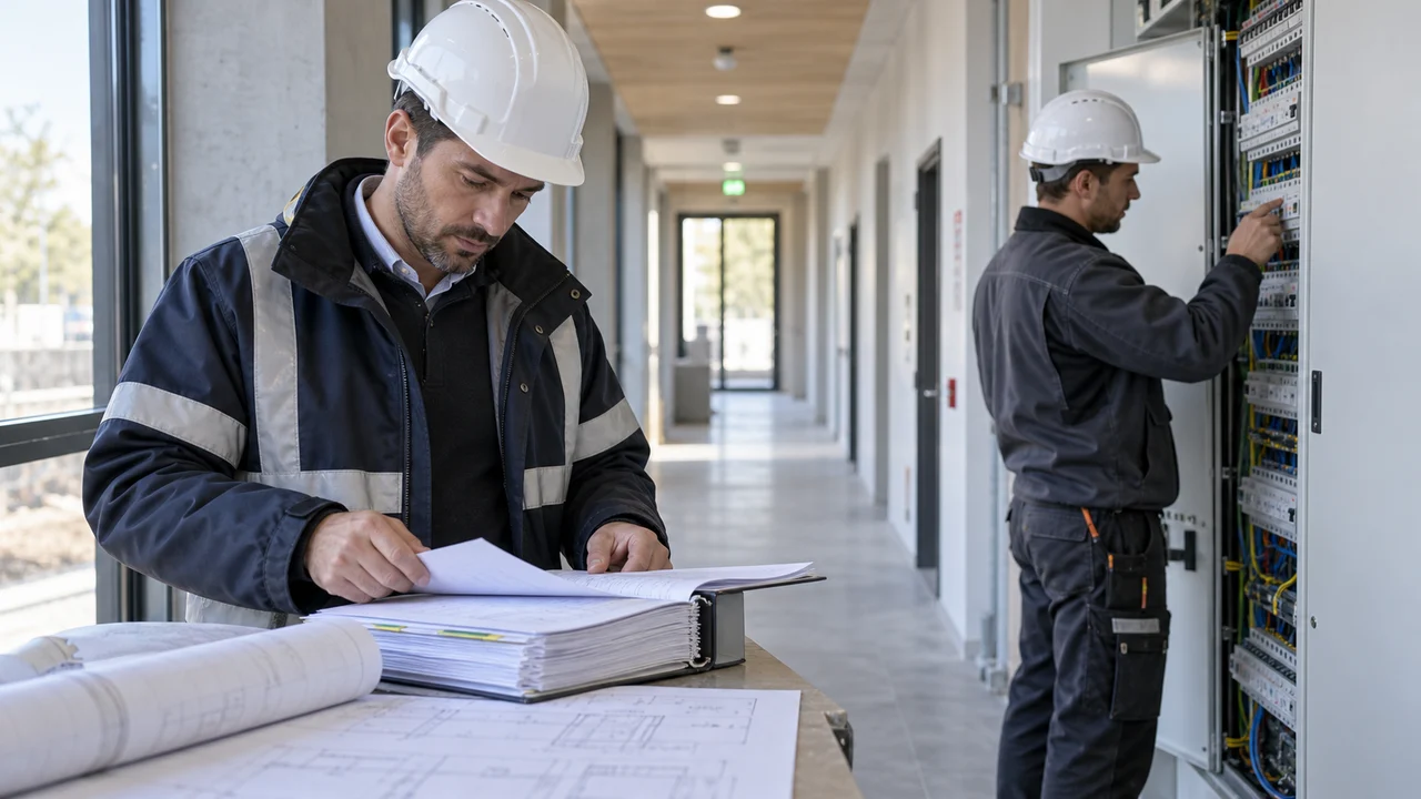Chef de chantier contrôlant le DOE dans un bâtiment achevé
